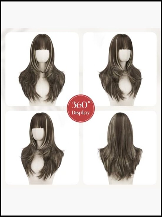 24 Inch Long Straight Layered Wig with Bangs Full Head Synthetic Heat Resistant main image 5